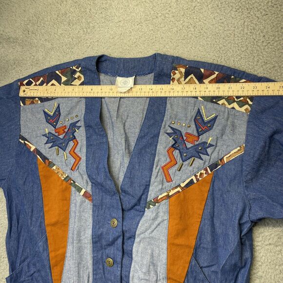 Vintage Jean Jacket Women Large Blue Studded Blue Jean Southwest Aztec 80s Rodeo - Picture 15 of 16